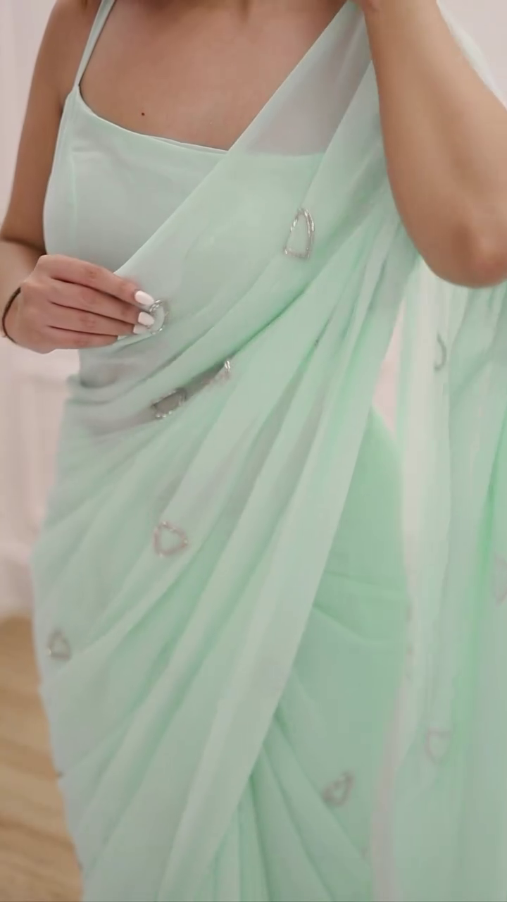 ✨ Mint Breeze Soft-Georgette Saree – Elegant Minimal Luxe Edition ✨