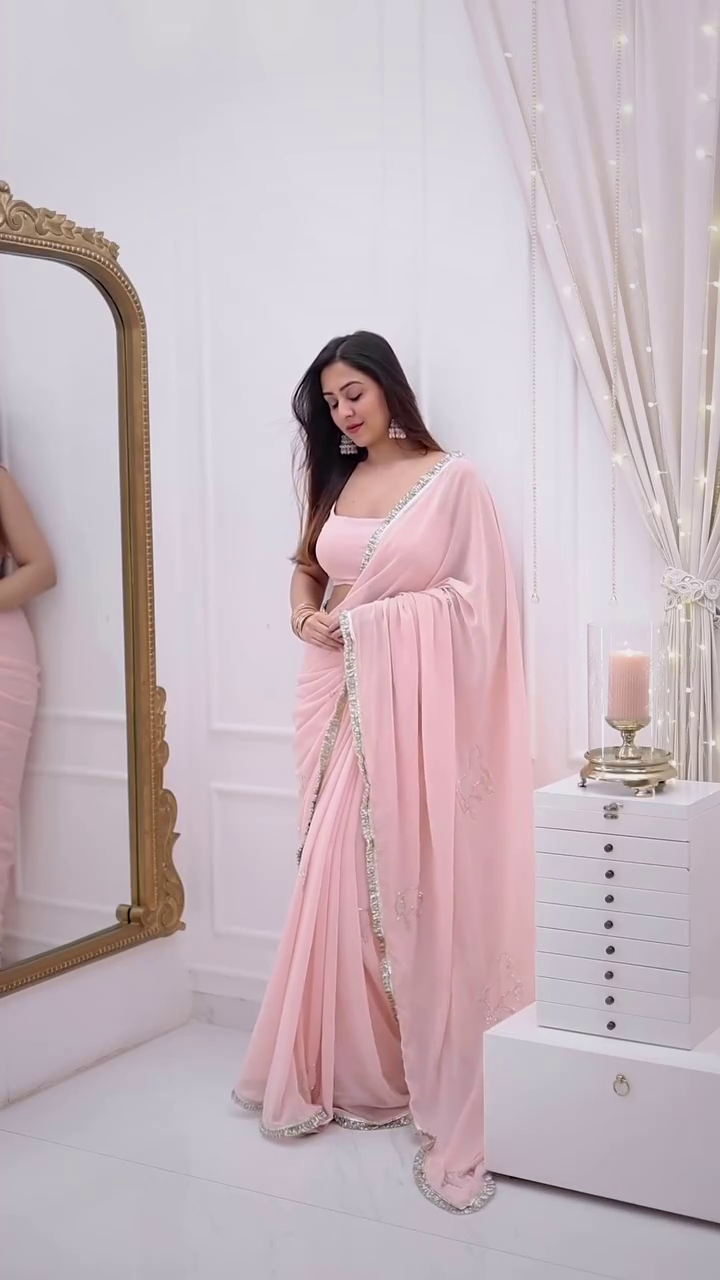 ✨ Blossom Blush Soft-Georgette Saree – Luxe Pearl Border Edition ✨