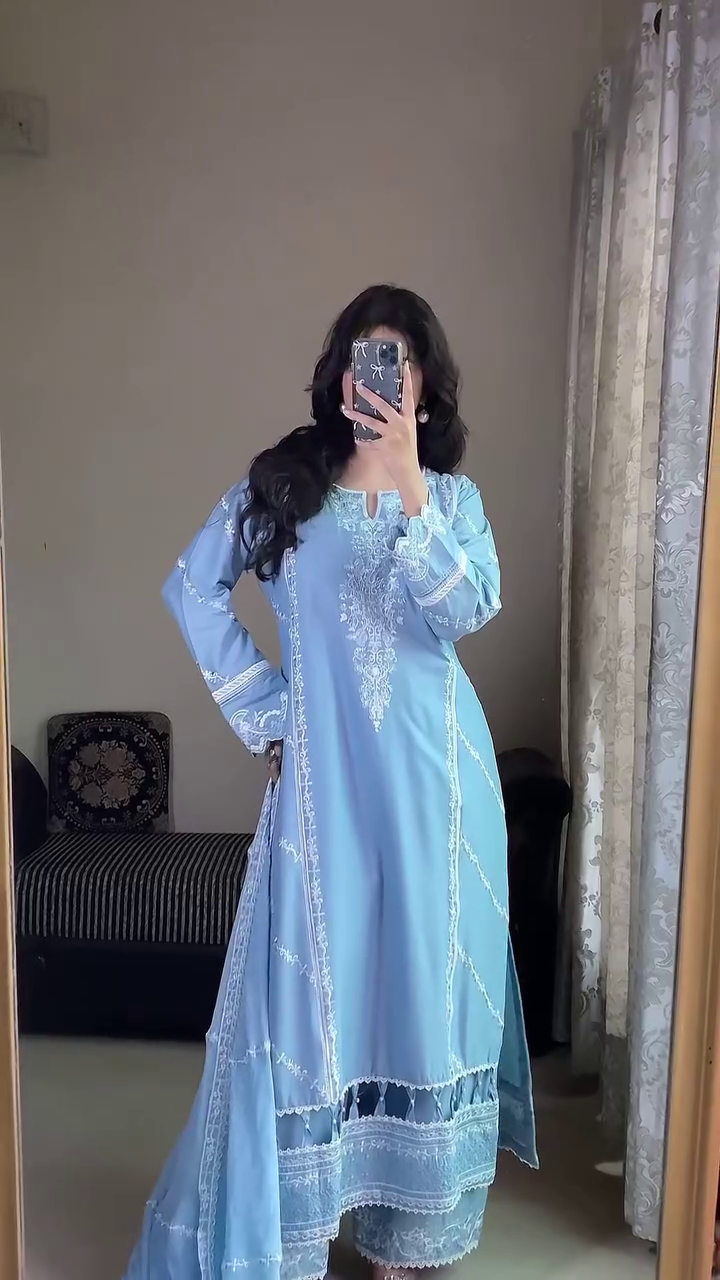 ✨ Sky Breeze Chikankari Kurta Set – Soft Elegance Everyday Edition ✨ A soothing pastel dream designed for women who love effortless grace, comfort, and timeless ethnic charm. 💙🌿✨