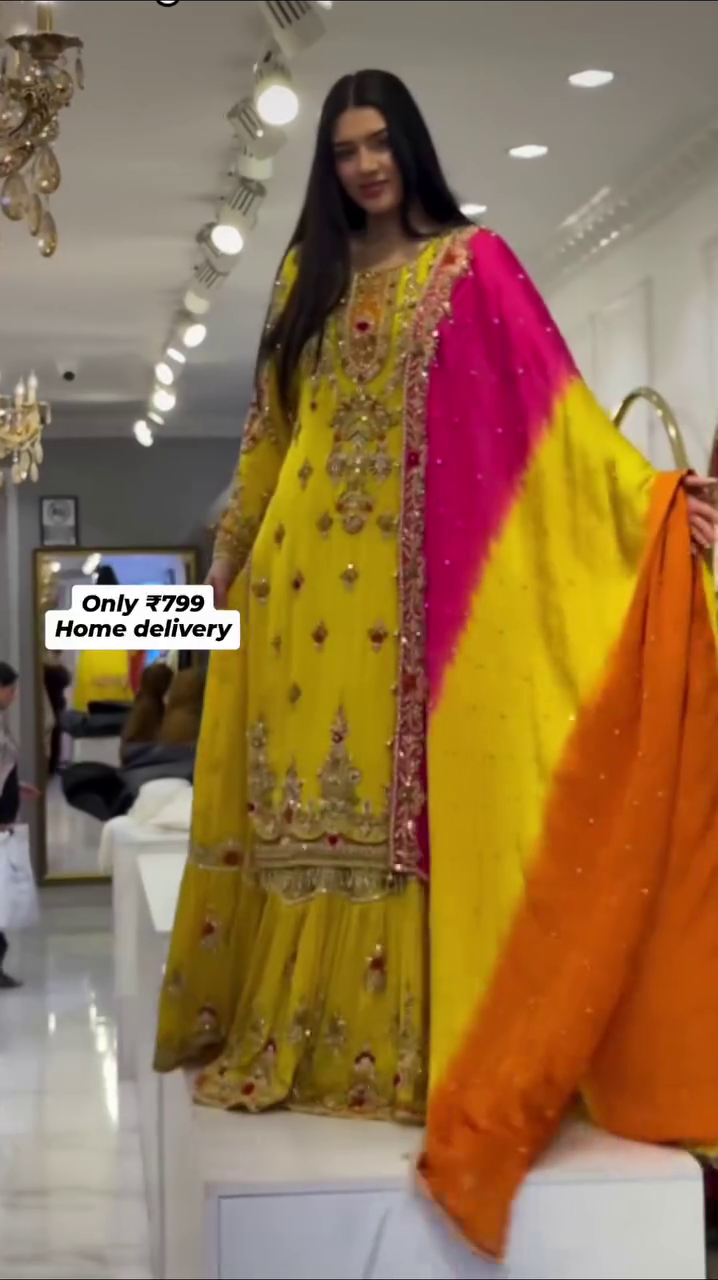 ✨ Sunshine Royal Zari Anarkali Set – Festive Glam Mirror-Work Edition ✨ A bold, vibrant, royal outfit crafted for women who love shining bright at every celebration. 💛✨💗