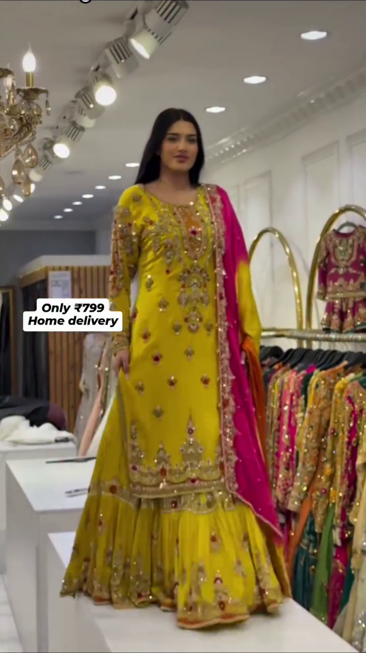 ✨ Sunshine Royal Zari Anarkali Set – Festive Glam Mirror-Work Edition ✨ A bold, vibrant, royal outfit crafted for women who love shining bright at every celebration. 💛✨💗
