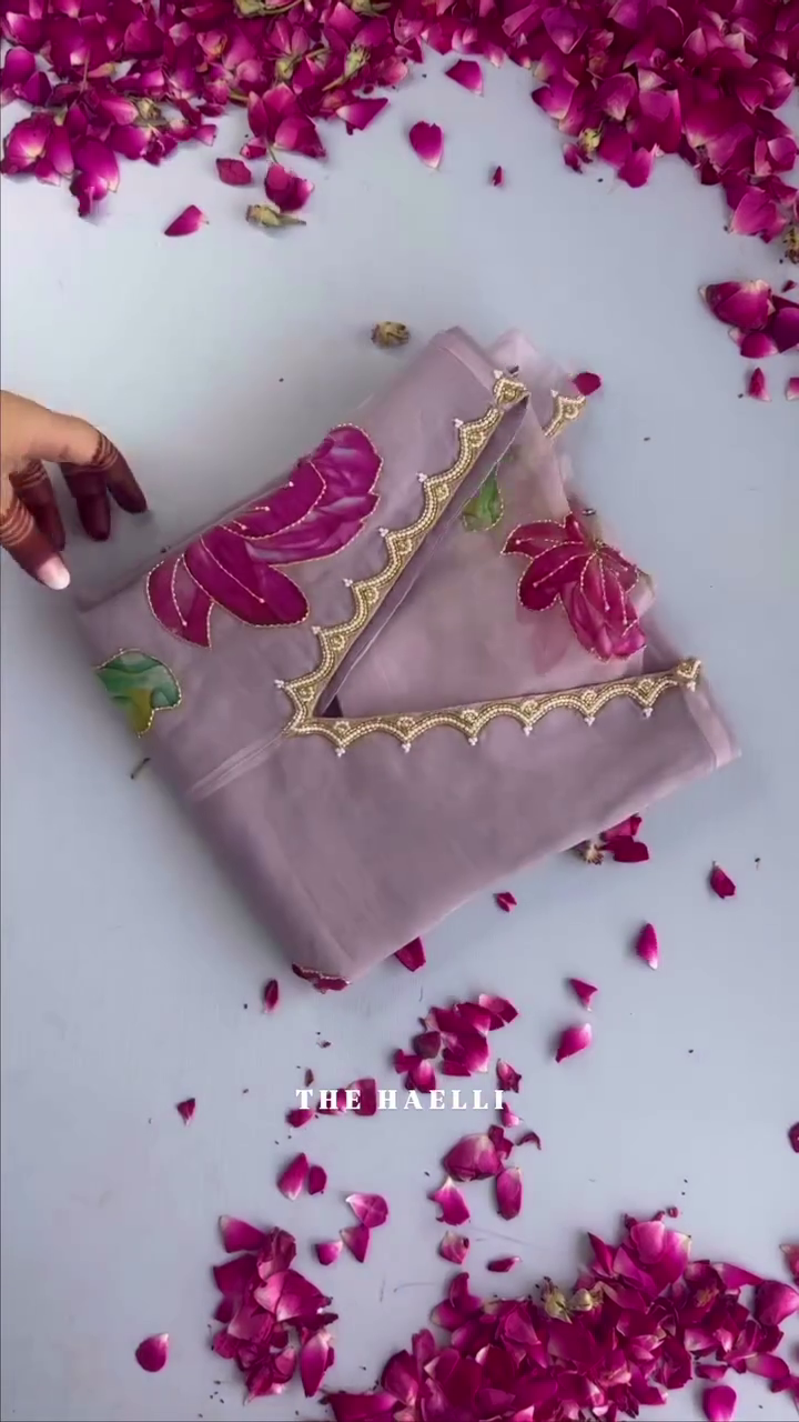 ✨ "Lotus Bloom Handpainted Organza Saree – Luxury Ethnic Artwear" ✨