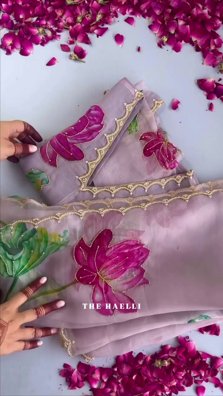 ✨ "Lotus Bloom Handpainted Organza Saree – Luxury Ethnic Artwear" ✨