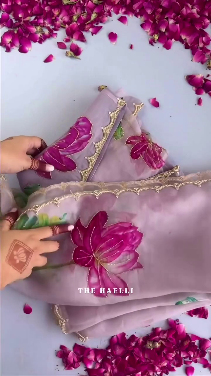 ✨ "Lotus Bloom Handpainted Organza Saree – Luxury Ethnic Artwear" ✨