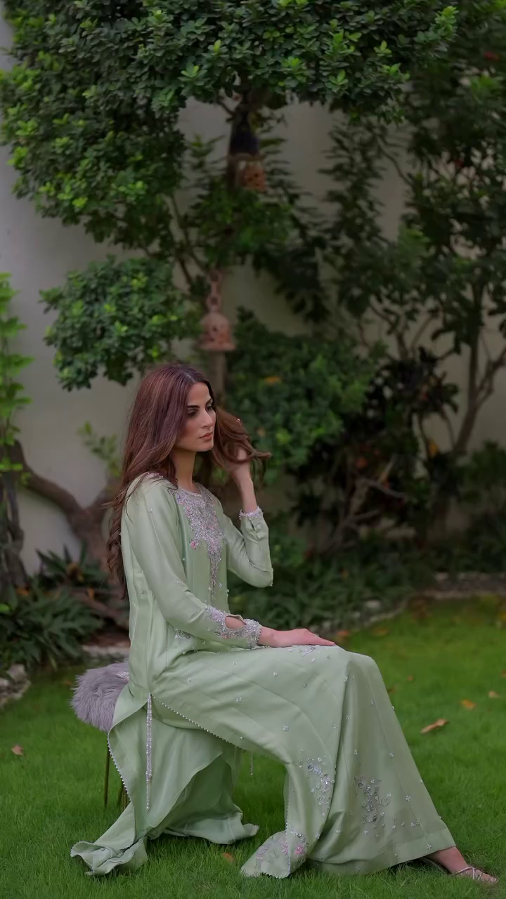 🌿✨ “Pastel Mint Dream Embroidered Long Suit – Elegant Festive Wear Set” ✨🌿