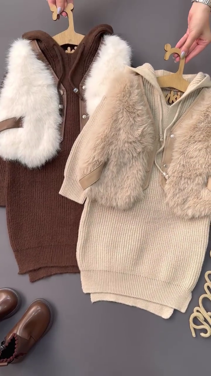 ❄️🧸 “Cozy Winter Luxe Kids Knit Set – With Premium Faux Fur Vest!” 🧸❄️