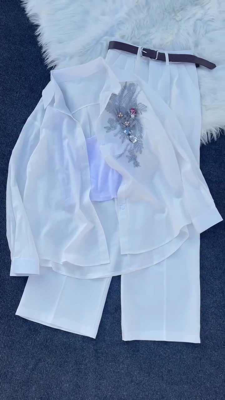 ✨🤍 “Elegant White Luxe Embellished 3-Piece Outfit – A Timeless Style Statement” 🤍✨
