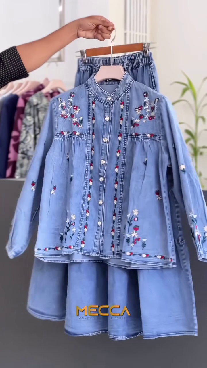 🌼 Meadow Bloom Embroidered Denim Co-Ord Set – Floral Button-Down Top & Flowy Skirt | XXS–XXL 💙✨