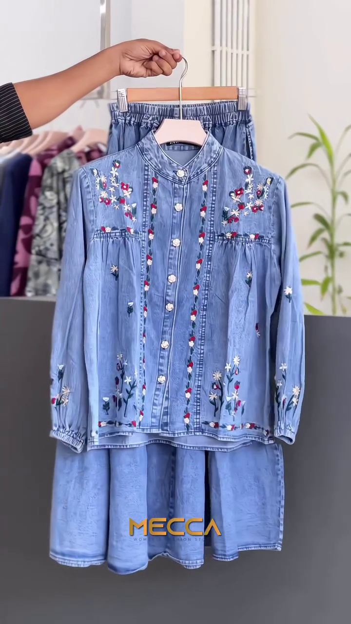 🌼 Meadow Bloom Embroidered Denim Co-Ord Set – Floral Button-Down Top & Flowy Skirt | XXS–XXL 💙✨