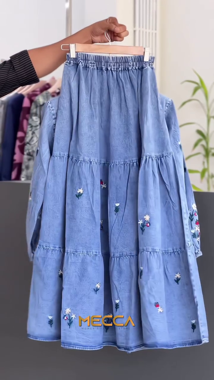 🌼 Meadow Bloom Embroidered Denim Co-Ord Set – Floral Button-Down Top & Flowy Skirt | XXS–XXL 💙✨