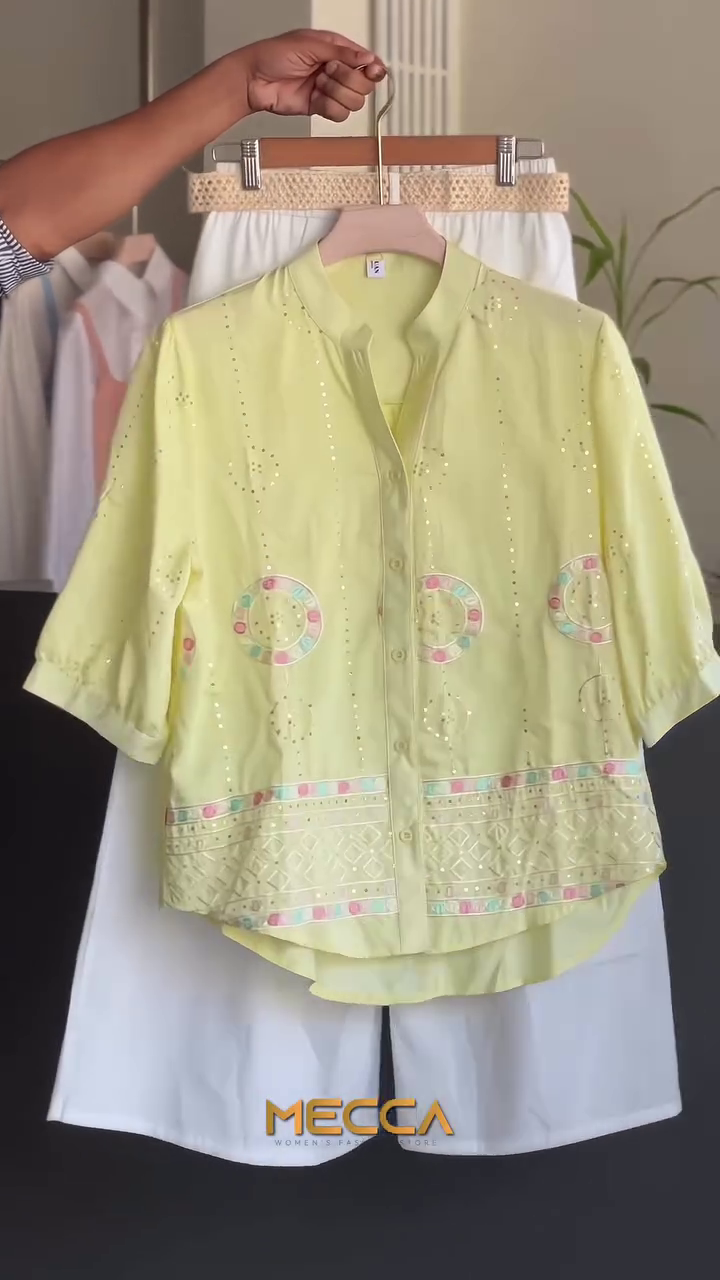 🌼 Citrus Glow Embellished Shirt & White Skirt Co-Ord Set – Fresh Summer Elegance | XXS–XXL ✨