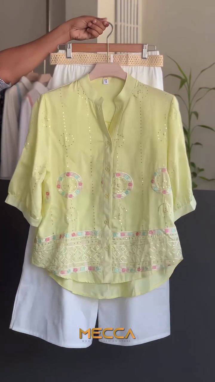 🌼 Citrus Glow Embellished Shirt & White Skirt Co-Ord Set – Fresh Summer Elegance | XXS–XXL ✨