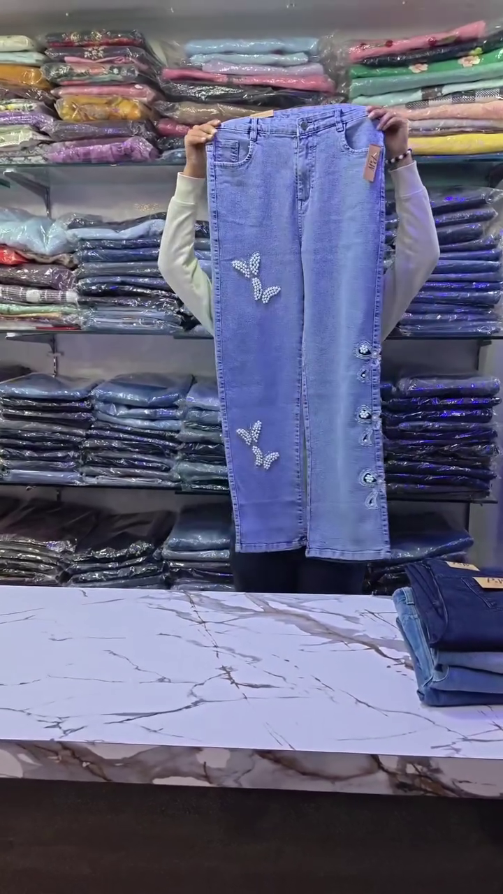 🦋 Pearl Flutter Denim Pants – Embellished Butterfly Wide-Leg Jeans | XXS–XXL ✨💙