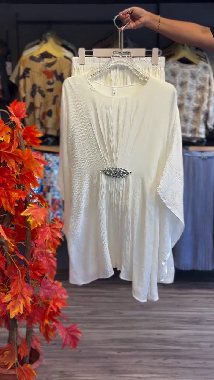 🤍 Ivory Grace Embellished Flow Tunic Set – Elegant Pleated Statement Co-Ord | XXS–XXL ✨