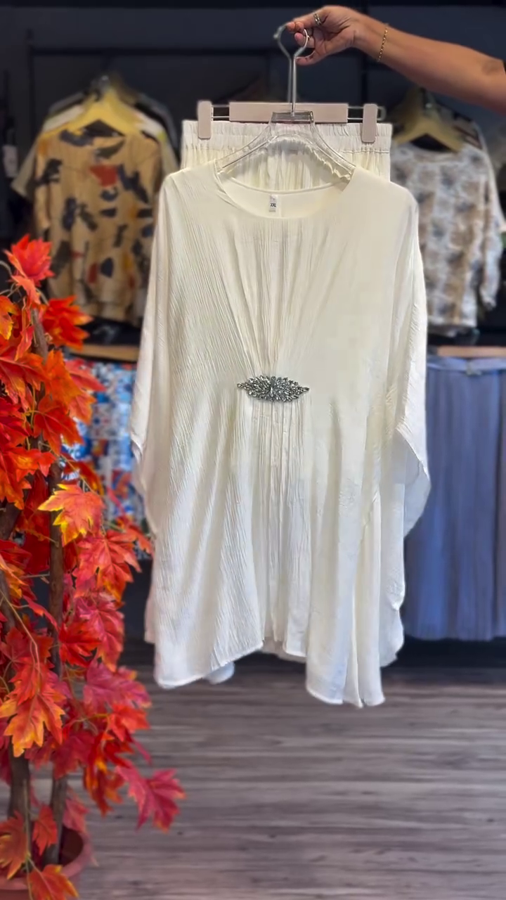 🤍 Ivory Grace Embellished Flow Tunic Set – Elegant Pleated Statement Co-Ord | XXS–XXL ✨