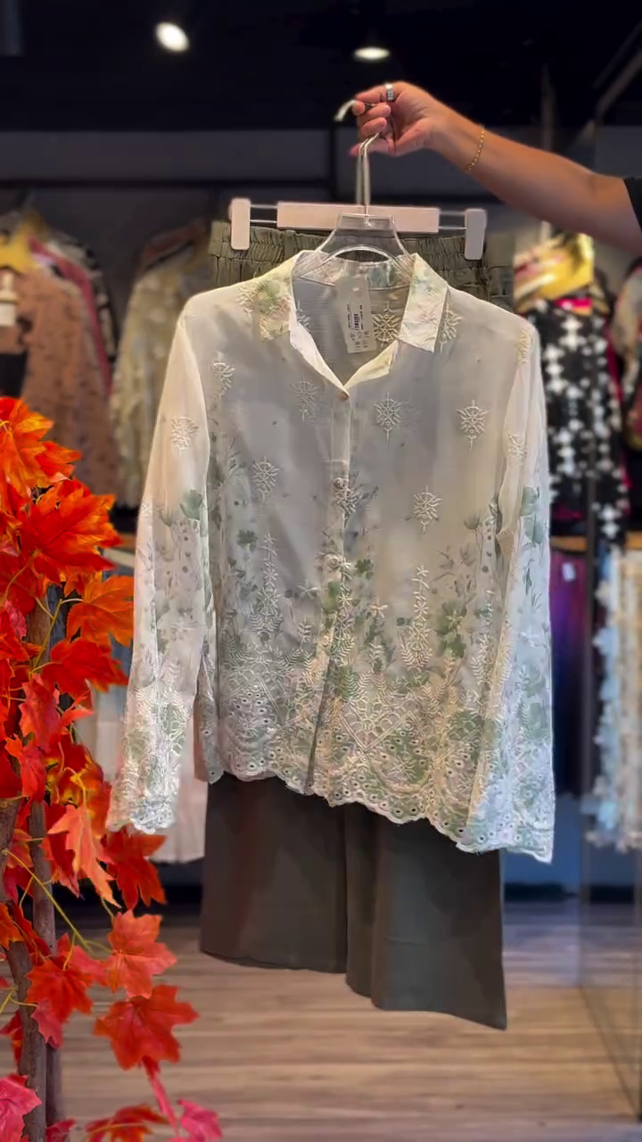 🌿 Sage Blossom Embroidered Shirt & Olive Co-Ord Set – Elegant Nature-Inspired Chic | XXS–XXL ✨