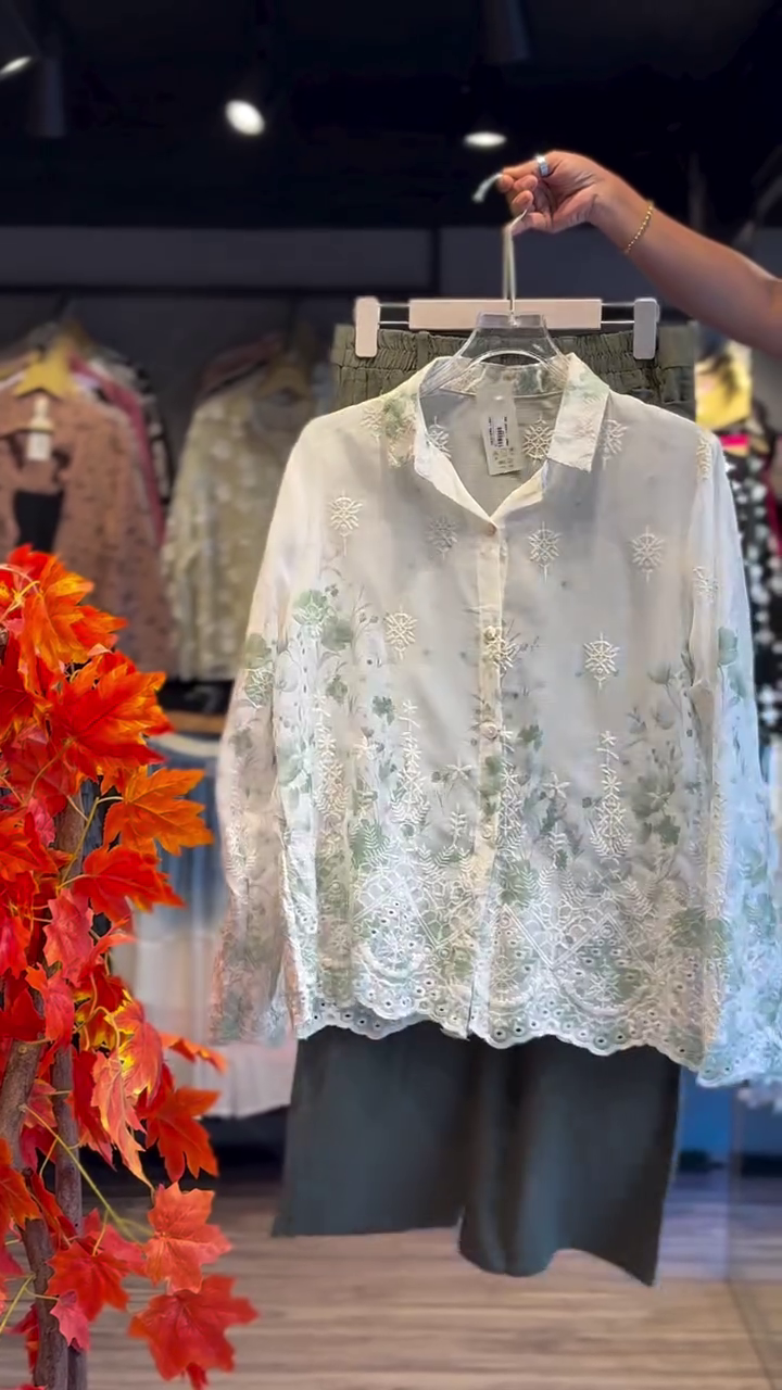 🌿 Sage Blossom Embroidered Shirt & Olive Co-Ord Set – Elegant Nature-Inspired Chic | XXS–XXL ✨
