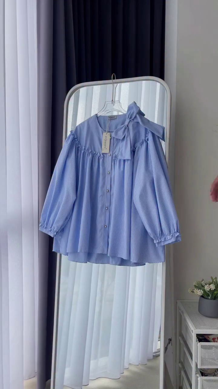 💙 Sky Breeze Bow-Detail Striped Blouse – Feminine Chic Everyday Essential | XXS–XXL ✨