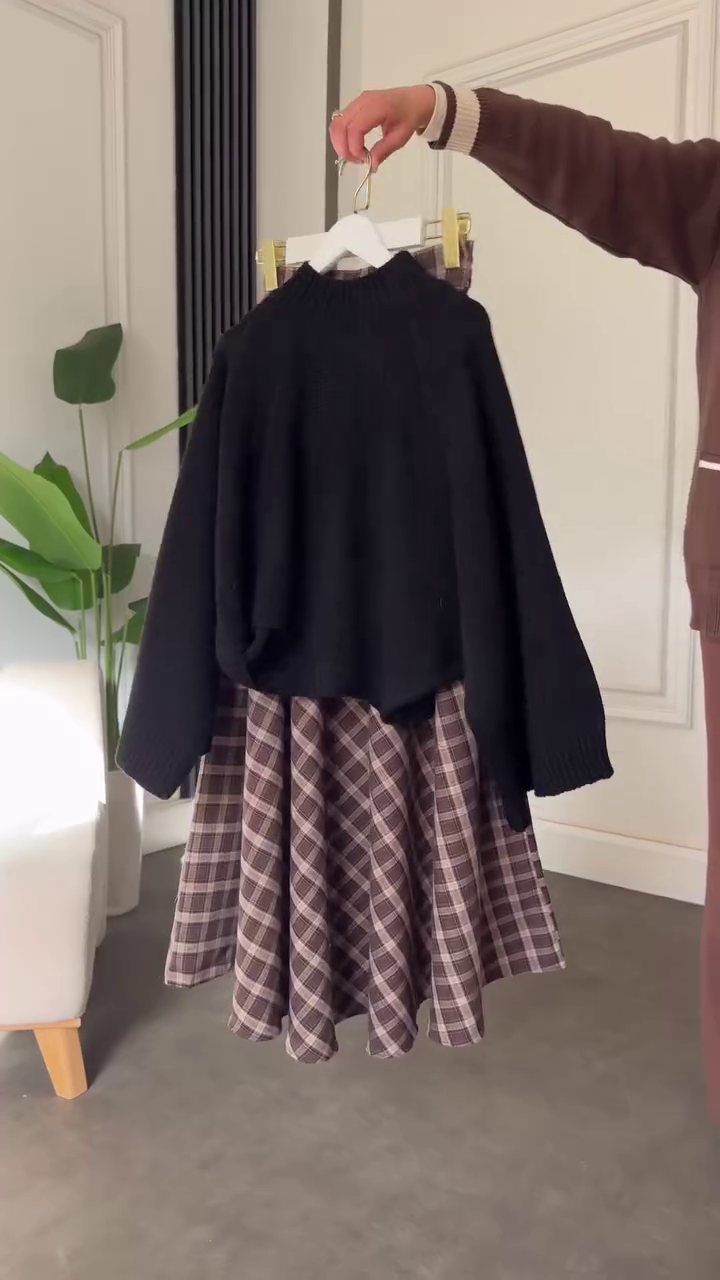 🤎 Mocha Cozy Knit & Plaid Flare Skirt Co-Ord Set – Chic Winter Elegance | XXS–XXL 🍂✨