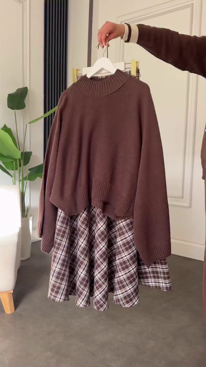 🤎 Mocha Cozy Knit & Plaid Flare Skirt Co-Ord Set – Chic Winter Elegance | XXS–XXL 🍂✨