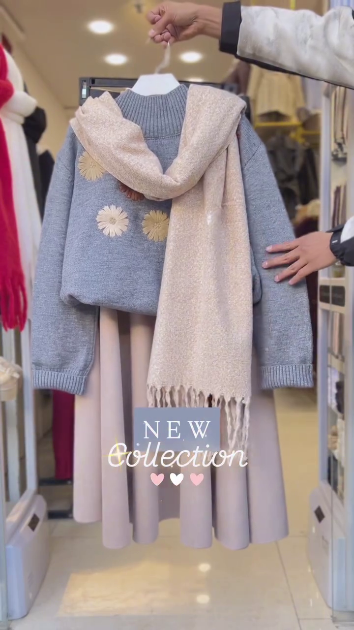 💙 Winter Bloom Knit & Flare Skirt Co-Ord with Luxe Scarf – Soft Elegance Collection | XXS–XXL ❄️✨