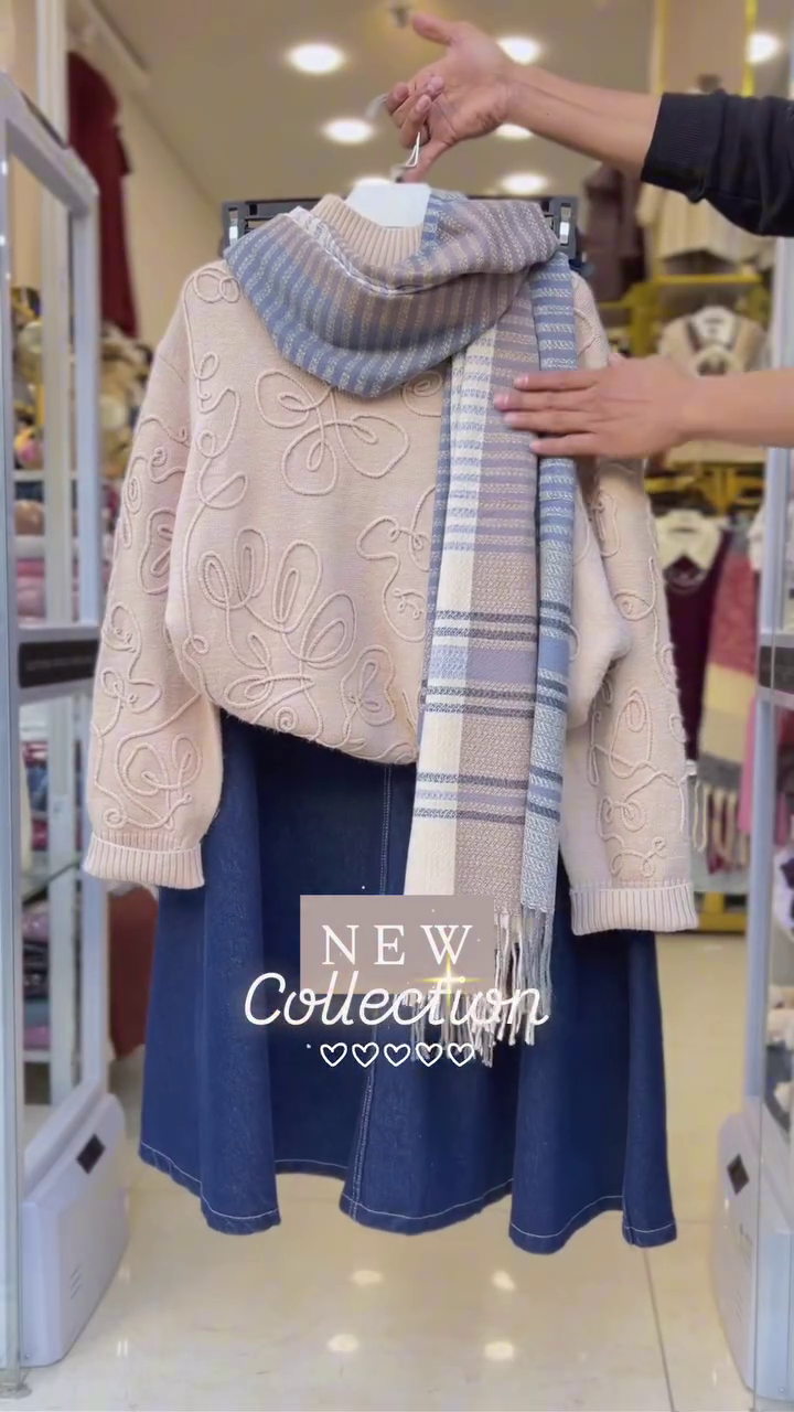 🤍 Beige Embroidered Knit & Denim Flare Skirt Co-Ord with Plaid Scarf – New Winter Collection | XXS–XXL ❄️✨