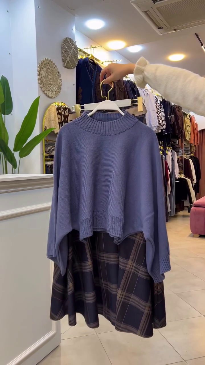 💙 Midnight Elegance Knit & Plaid Flare Skirt Co-Ord Set – Timeless Winter Chic | XXS–XXL ❄️✨