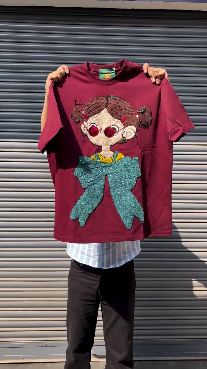 🎀 Cartoon Chic Oversized Graphic Tee – Statement Bow Girl T-Shirt | XXS–XXL 🖤✨