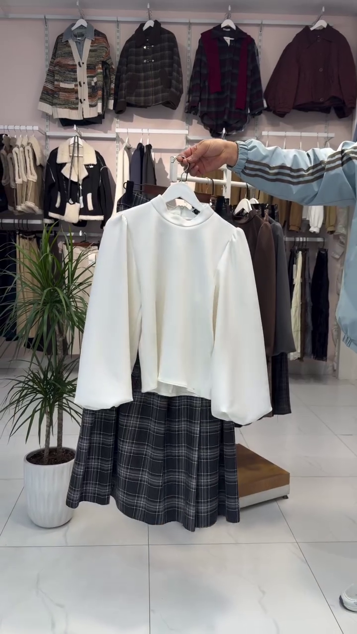🤍 Ivory Puff Sleeve Blouse & Classic Plaid Flare Skirt Co-Ord – Timeless Chic Collection | XXS–XXL ✨