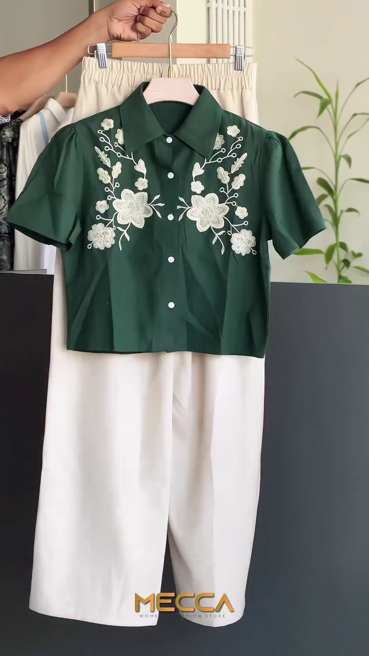 🌿 Emerald Bloom Embroidered Shirt & Elegant Trouser Set – Chic Floral Collection