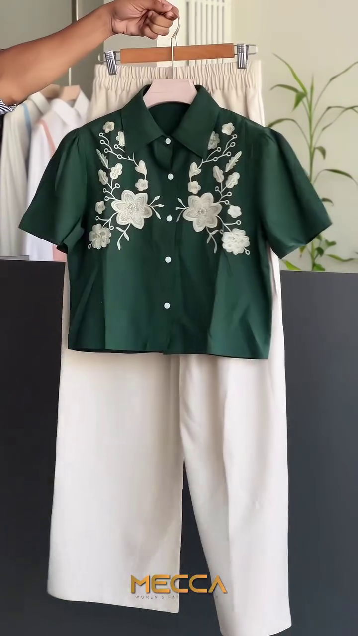 🌿 Emerald Bloom Embroidered Shirt & Elegant Trouser Set – Chic Floral Collection