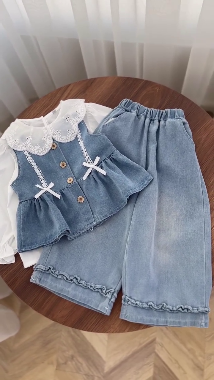 🎀 Little Denim Princess 3-Piece Set – Lace Collar Kids Collection