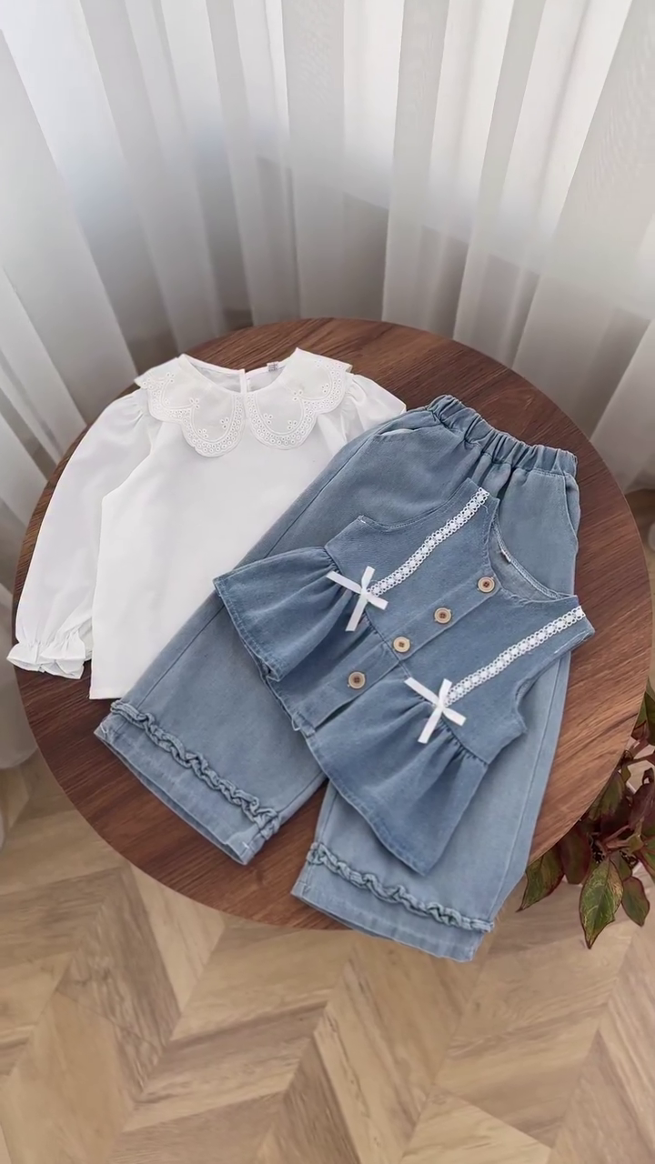 🎀 Little Denim Princess 3-Piece Set – Lace Collar Kids Collection