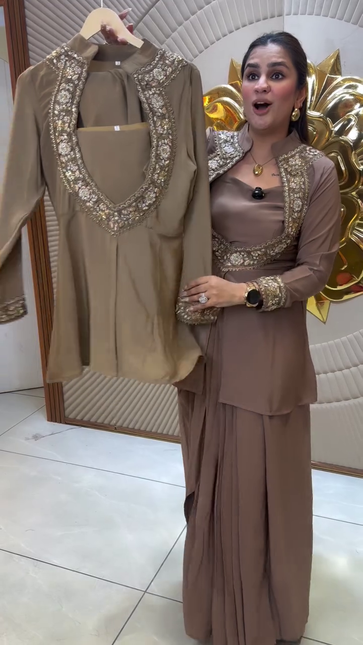 Royal Mocha Drape Set 🤎✨ | Embellished Indo-Western Luxe Ensemble