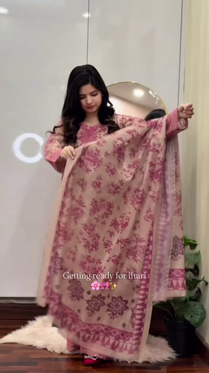 Rose Blush Festive Suit Set 🌸✨ | Elegant Printed Kurta, Palazzo & Dupatta Ensemble
