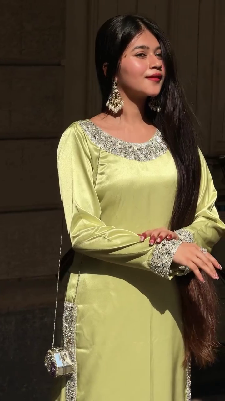 Elegant Glow Satin Kurti ✨ | Embellished Neckline Luxe Top (XXS–XXL, Multiple Colors & Designs)