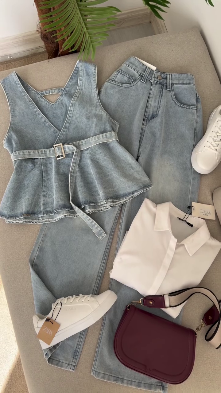 Denim Dream 3-Piece Outfit Set ✨ | Belted Peplum Top, Jeans & Shirt Combo (XXS–XXL, Multiple Styles & Colors)