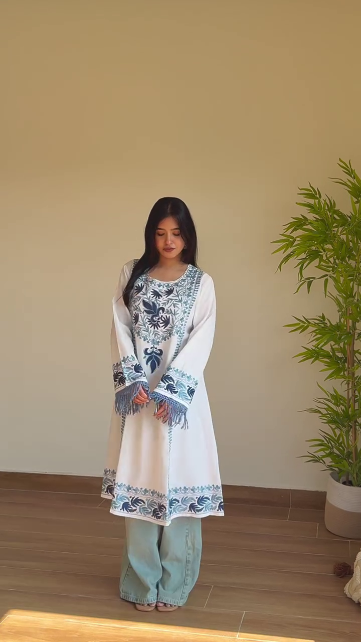 Ivory Bloom Embroidered Kurti ✨ | Elegant Fringe Sleeve Ethnic Top (XXS–XXL, Multiple Colors & Designs)