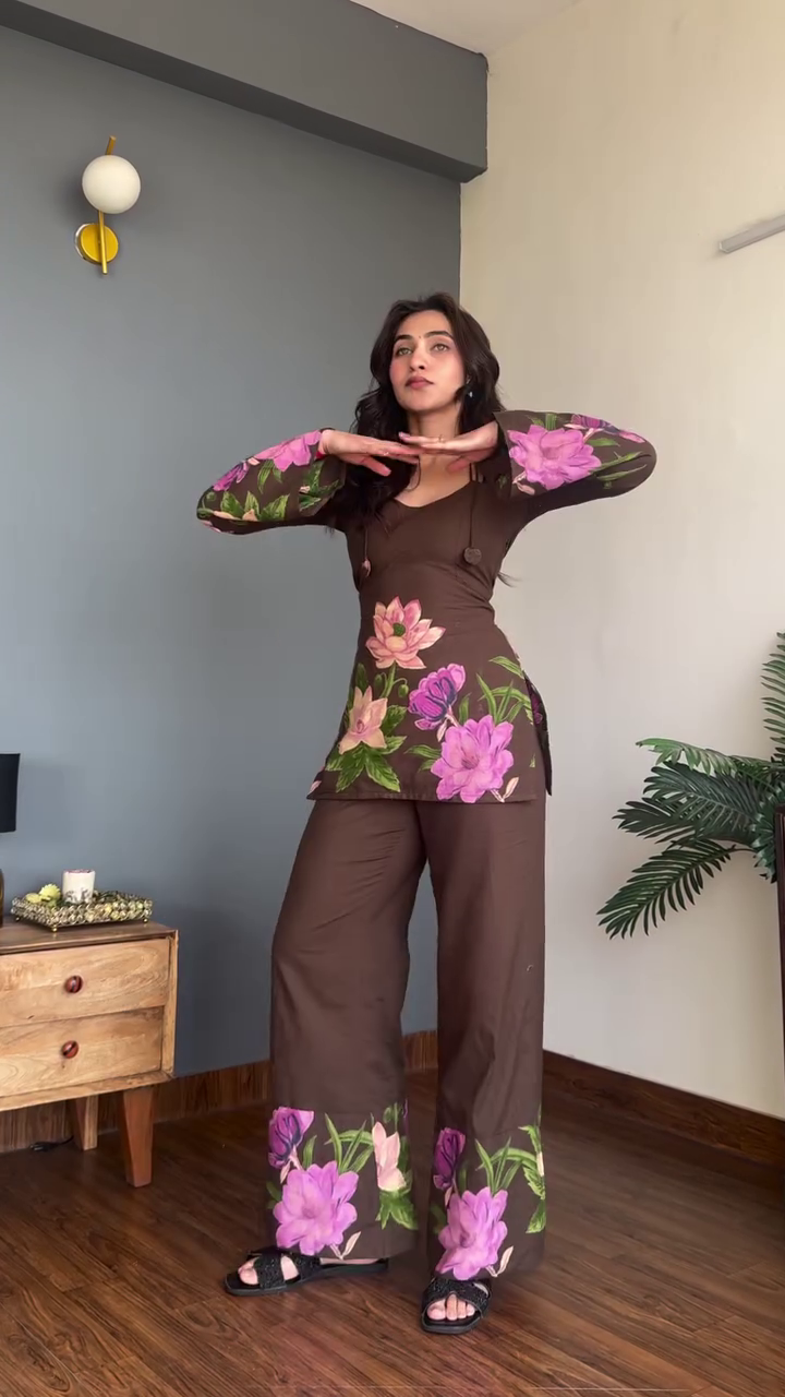 Mocha Bloom Co-Ord Set 🌸✨ | Floral Printed Top & Wide-Leg Pants (XXS–XXL, Multiple Colors & Designs)