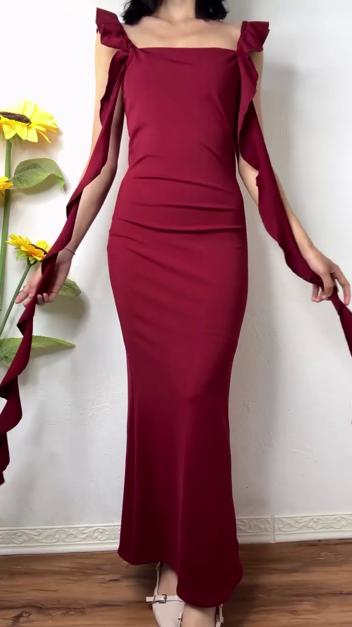 Crimson Muse Evening Gown ✨ | Off-Shoulder Ruffle Sleeve Bodycon Maxi (XXS–XXL, Multiple Colors & Designs)