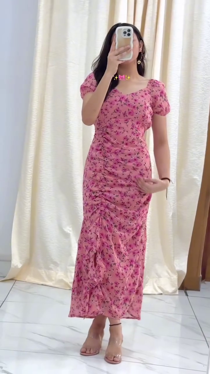 Rose Garden Ruched Maxi Dress ✨ | Floral Bodycon Midi Dress with Puff Sleeves (XXS–XXL, Multiple Colors & Designs)