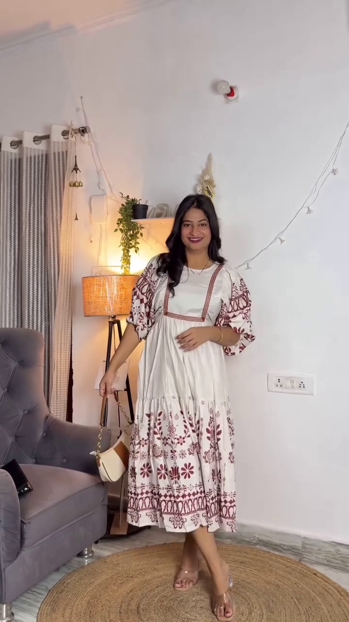 Rustic Bloom Ethnic Midi Dress ✨ | Printed Cotton Tiered Dress with Statement Sleeves (XXS–XXL, Multiple Colors & Designs)