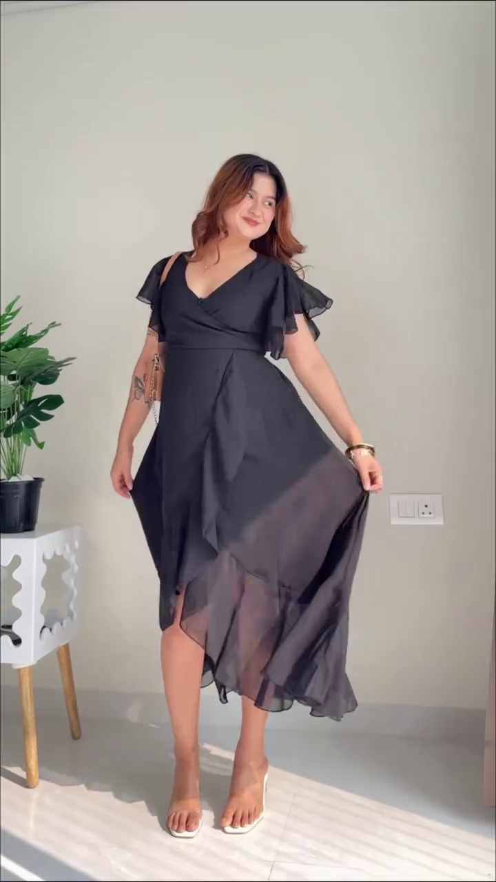 Midnight Muse Asymmetrical Dress ✨ | Black Flowing Wrap Dress with Sheer Hem (XXS–XXL, Multi-Design Collection)