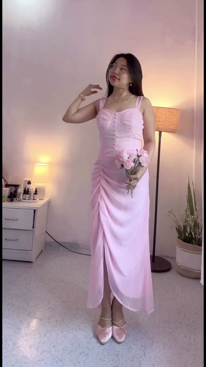 Blush Romance Ruched Midi Dress ✨ | Soft Pink Bodycon Dress with Front Slit (XXS–XXL, Multi-Design Collection)