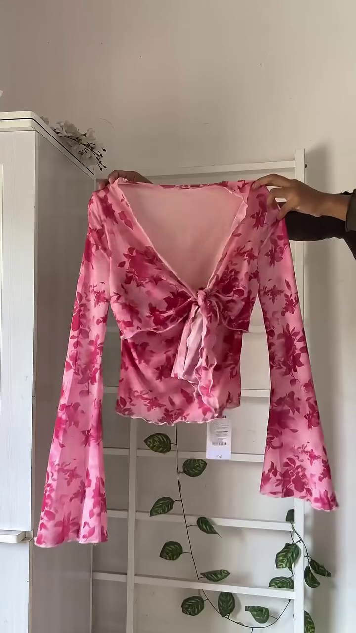 Rosé Bloom Tie-Up Top ✨ | Pink Floral Sheer Top with Bell Sleeves (XXS–XXL, Multi-Design Collection)