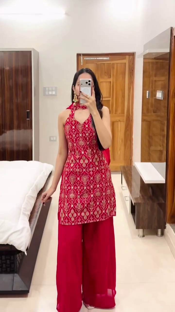 ❤️ Royal Ruby Embroidered Halter Kurta Set – Festive Statement Collection ❤️