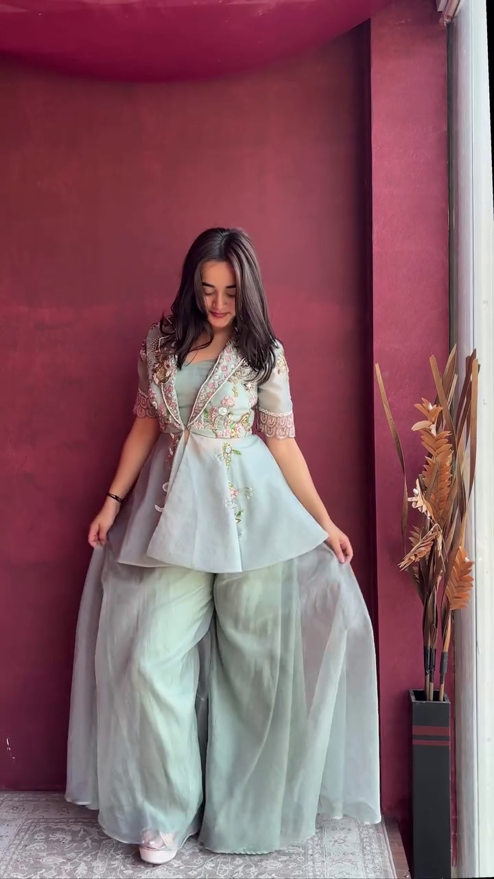 🌿 Mint Elegance Embroidered Jacket Set – Contemporary Ethnic Luxe 🌿