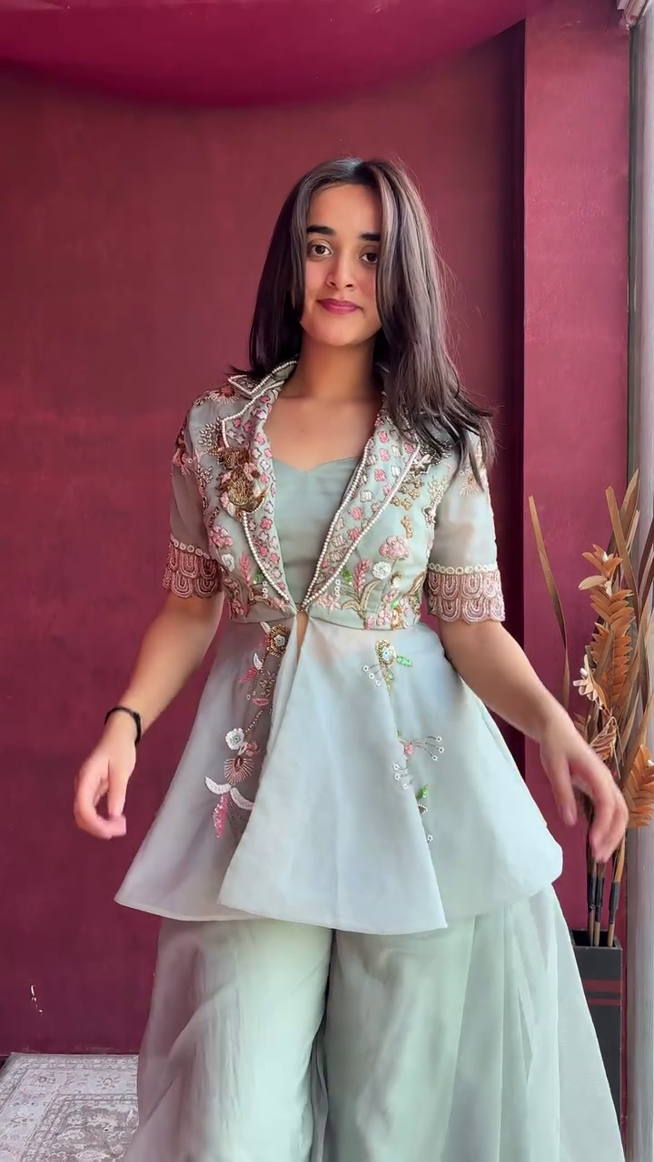 🌿 Mint Elegance Embroidered Jacket Set – Contemporary Ethnic Luxe 🌿