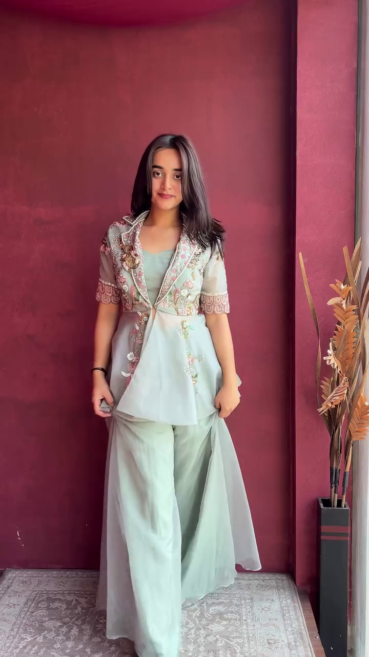 🌿 Mint Elegance Embroidered Jacket Set – Contemporary Ethnic Luxe 🌿