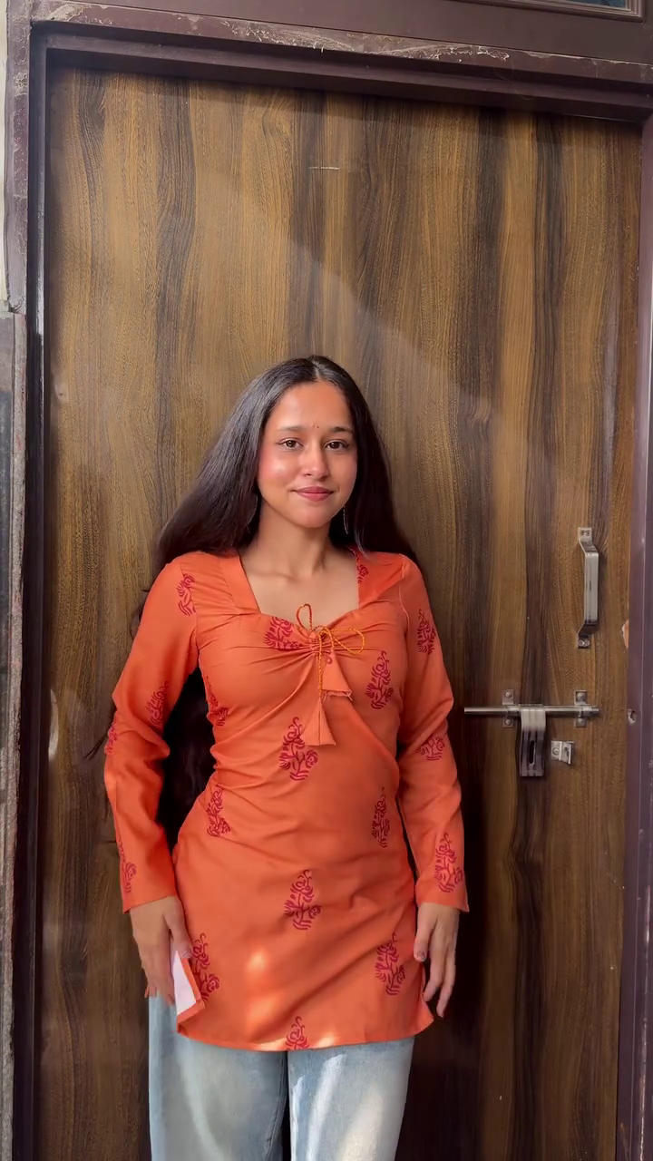 Sunset Charm Tie-Up Top 🧡✨ | Printed Chic Everyday Kurti Top